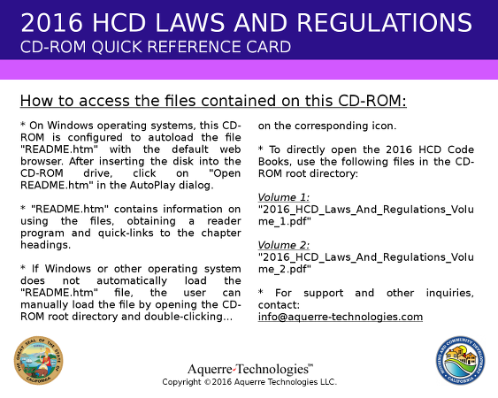 2016 HCD Blue Books Quick Reference Card